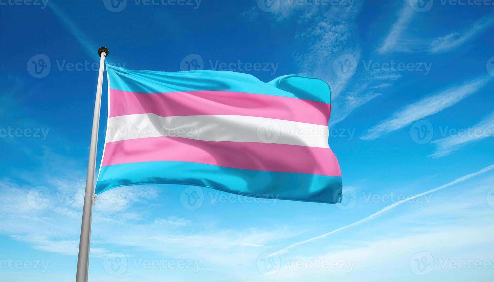 Transgender pride flag waving on flagpole against blue sky as symbol for International Trans Day of Visibility photo