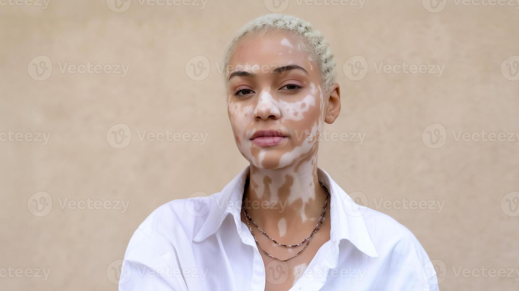 Young african woman with brown skin showing white patches due to vitiligo photo