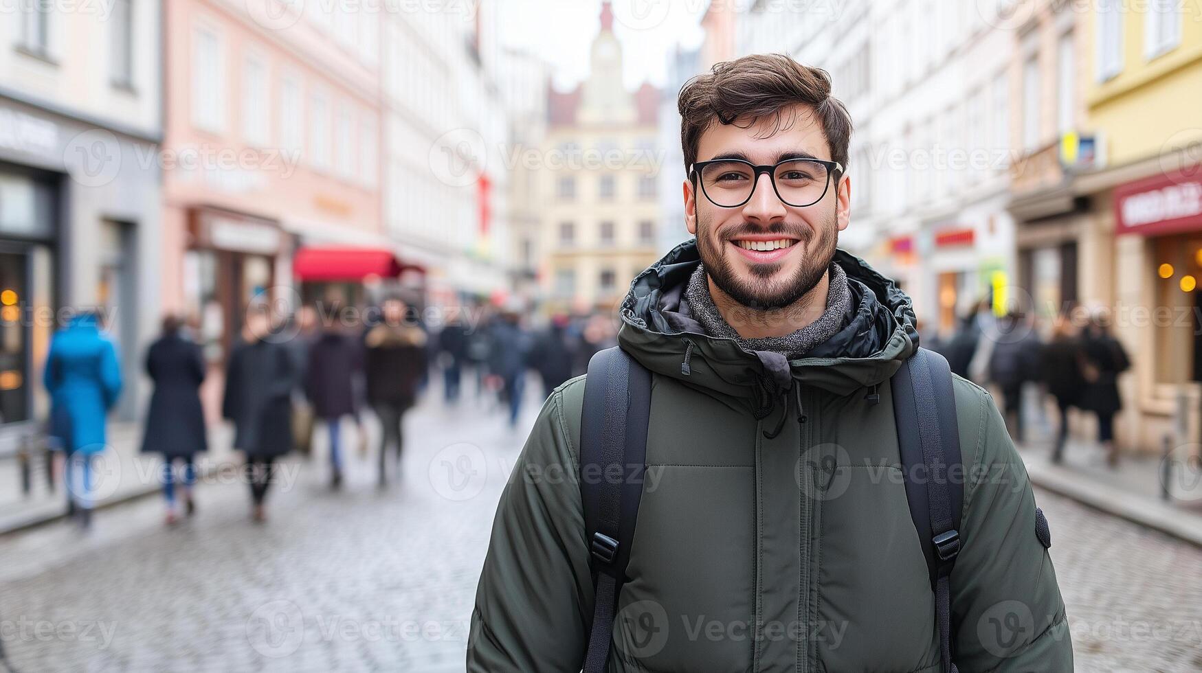 Smiling tourist exploring european city center in winter photo