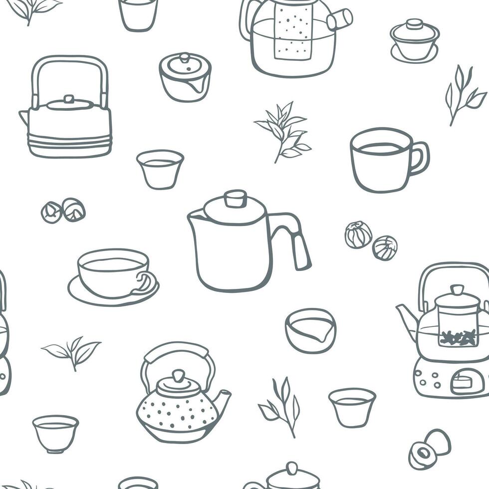 Hand drawn sketch style teapots, cups and puerh tea balls seamless pattern. Simple design for textile, menu, wrapping paper vector