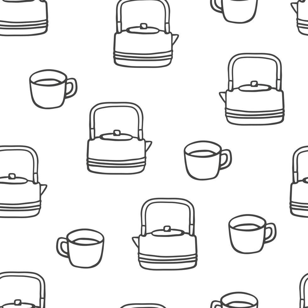 Hand drawn sketch style teapots and cups seamless pattern. Simple design for textile, menu, wrapping paper vector