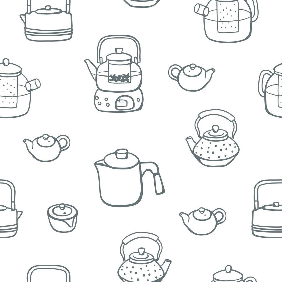 Hand drawn sketch style different teapots seamless pattern. Simple design for textile, menu, wrapping paper vector