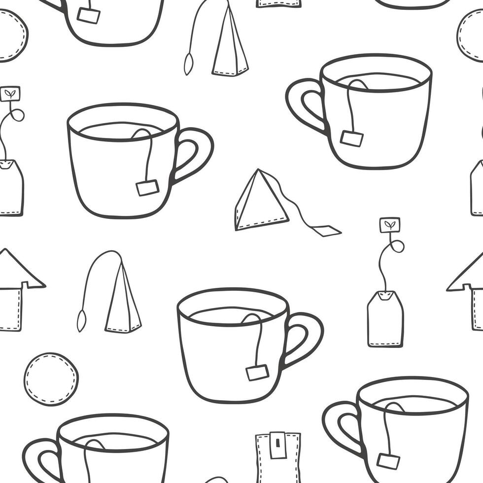 Hand drawn tea bags and cups seamless pattern. Simple monochrome design for textile, wrapping paper vector