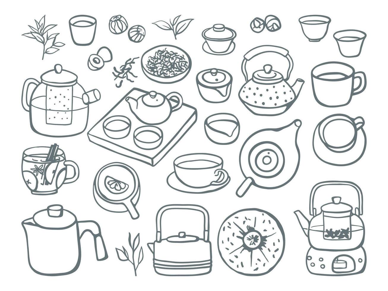 Hand drawn tea set. Sketch style different teapots, cups and few types of tea vector