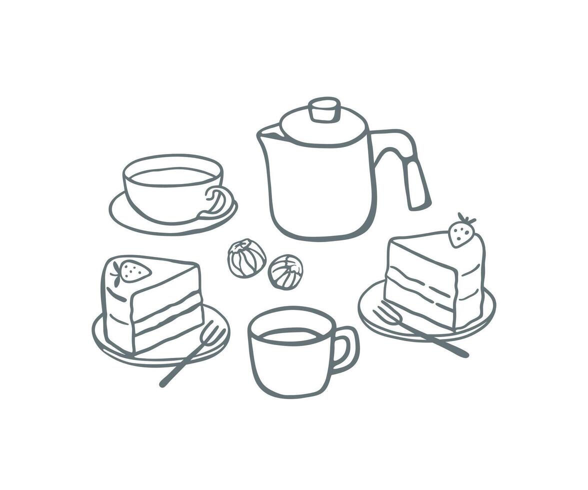 Hand drawn teapot, cups and cake. Sketch style simple drink and food illustration vector