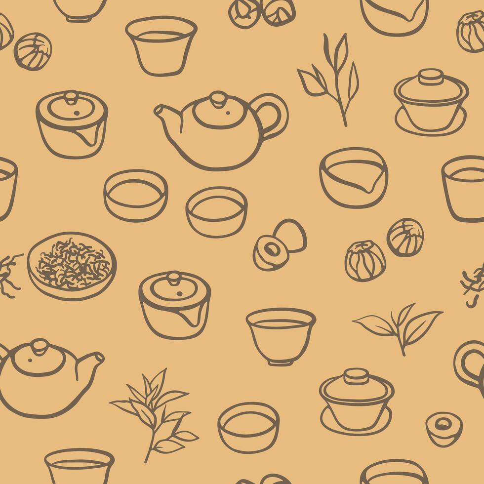 Hand drawn teapots, cups and different types of tea seamless pattern. Simple design for textile, menu, wrapping paper vector