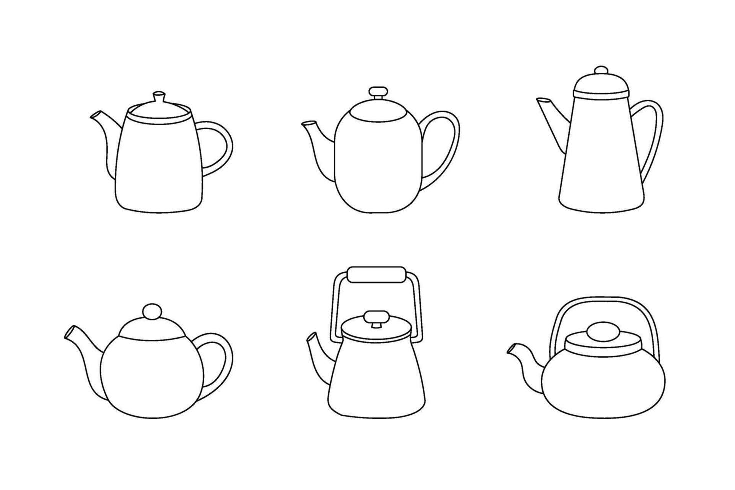 Set of six minimalist line drawings of different teapots. vector