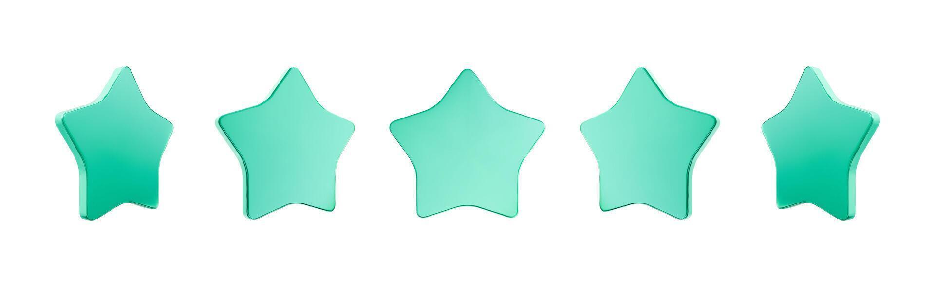Five green star rating icons on white background for quality or feedback concept. vector