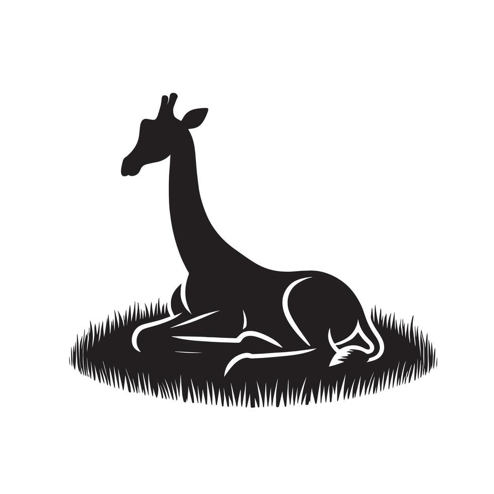silhouette giraffe lying on the grass vector