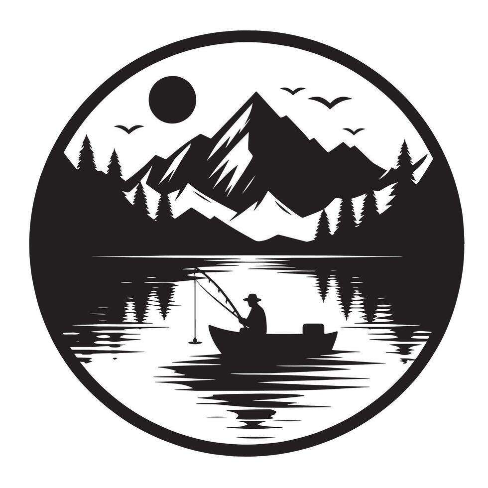 silhouette fisherman fishing on the lake with background mountain vector