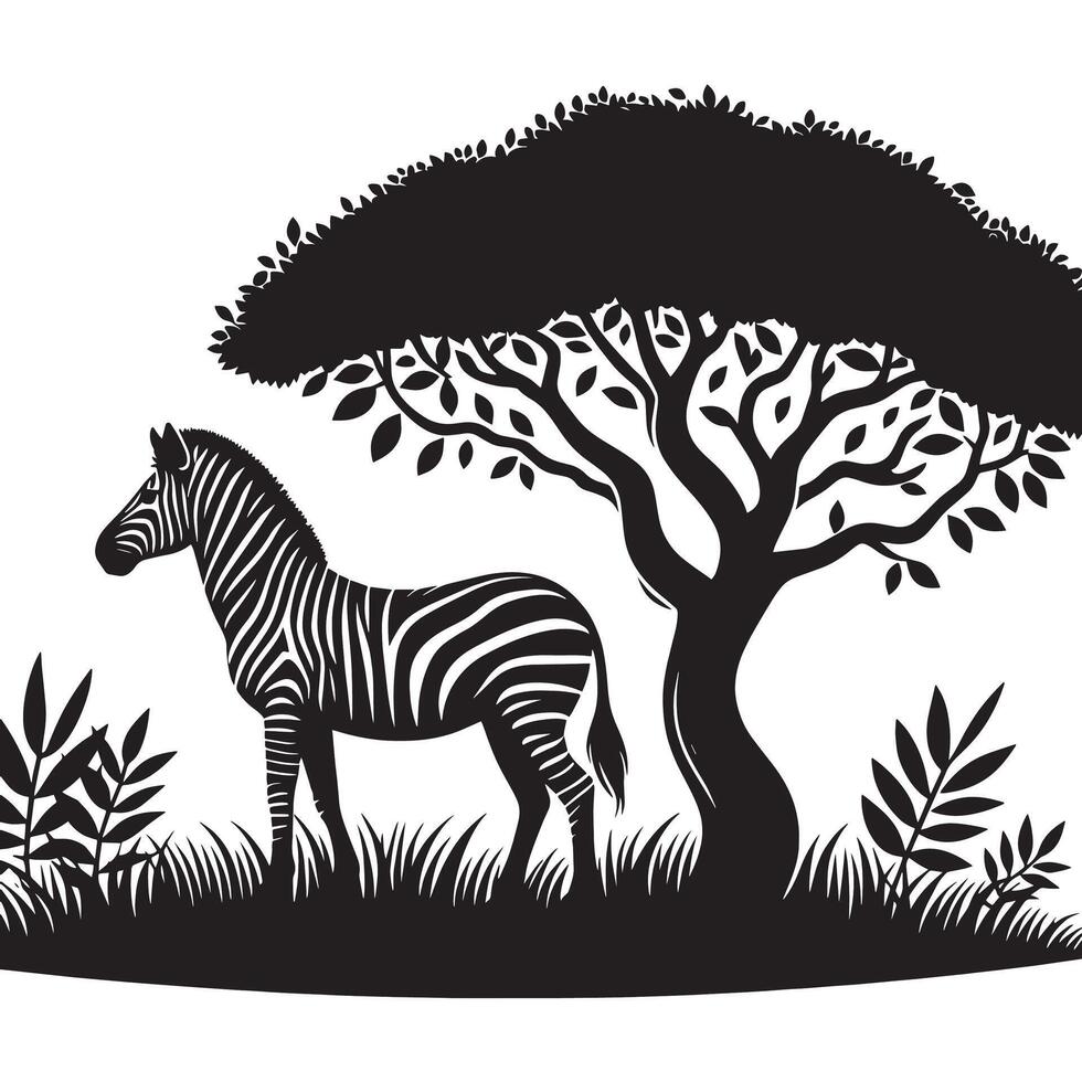 silhouette of zebra under tree in field of savannah vector