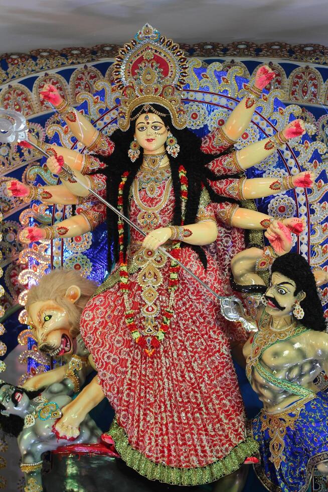 Subho mahalaya, An idol of Goddess Durga decorated in Pandal. Durga Puja is biggest religious festival of Hinduism and for bengalis and is now celebrated worldwide. photo