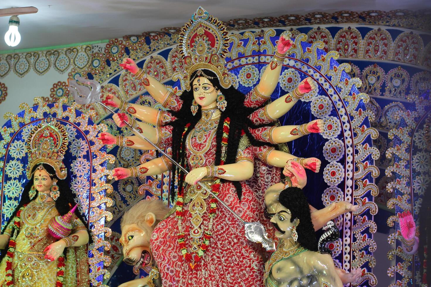 Subho mahalaya, An idol of Goddess Durga decorated in Pandal. Durga Puja is biggest religious festival of Hinduism and for bengalis and is now celebrated worldwide. photo