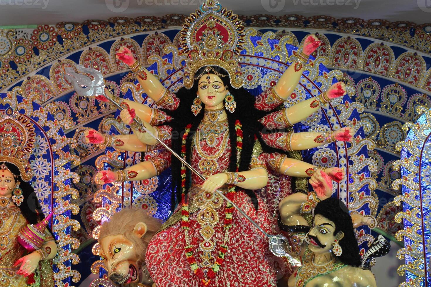 Subho mahalaya, An idol of Goddess Durga decorated in Pandal. Durga Puja is biggest religious festival of Hinduism and for bengalis and is now celebrated worldwide. photo
