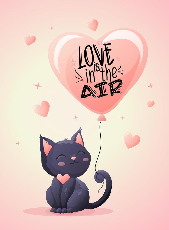 Cute Cat with Heart Balloon on Valentines Card vector