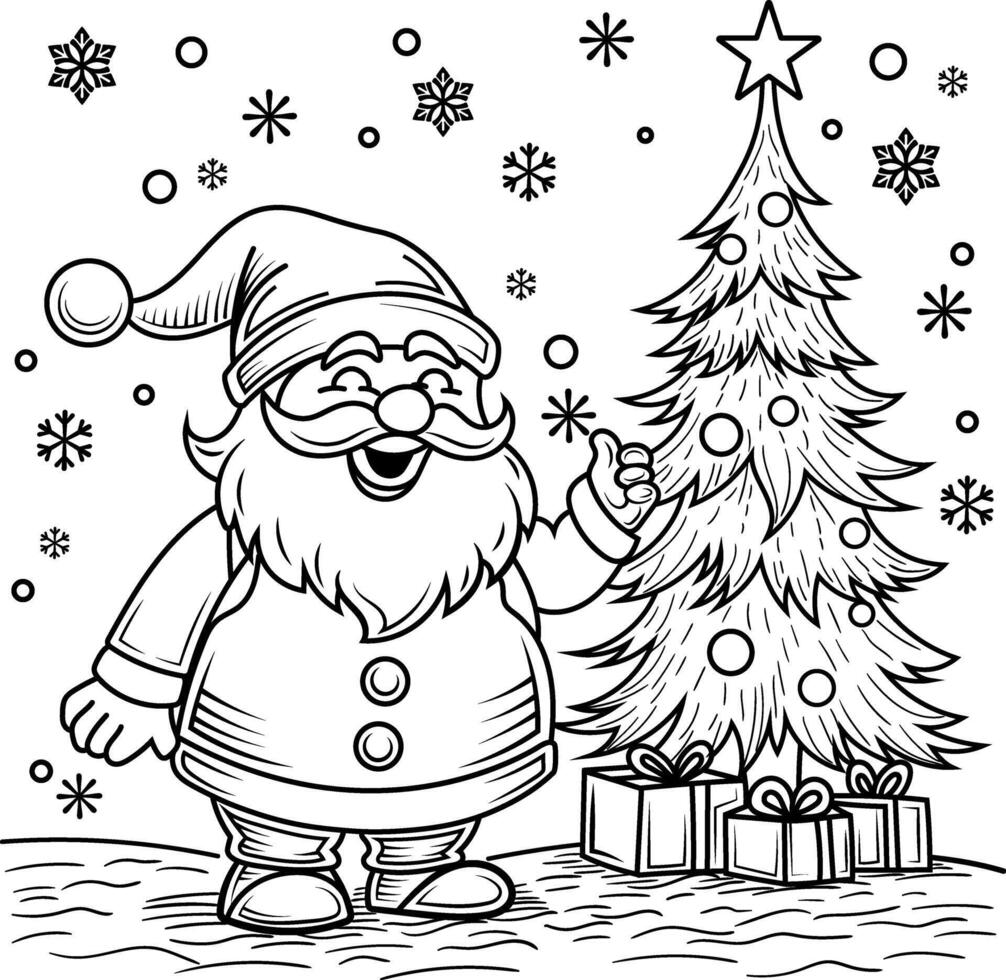 Santa Claus line art illustration with snowflakes with Christmas tree and gift box line art illustration for coloring pages vector