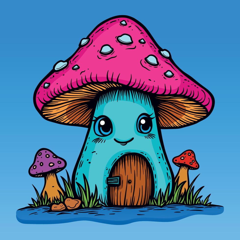 Cute pink and green color fantasy mushroom house with small mushroom green grass decorative colorful illustration artwork isolated on blue background vector
