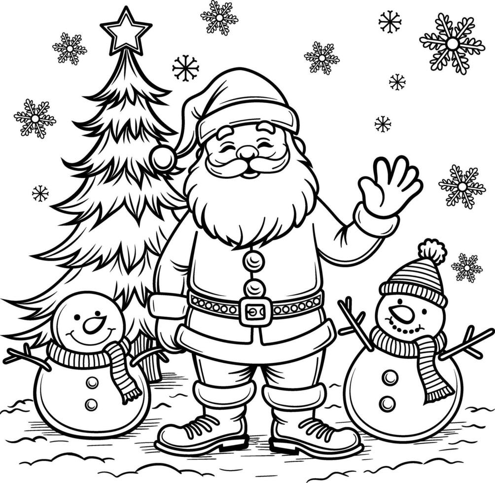 cute cartoon style Santa Claus with two Ice Man with snowflakes and Christmas tree line art illustration for coloring pages vector