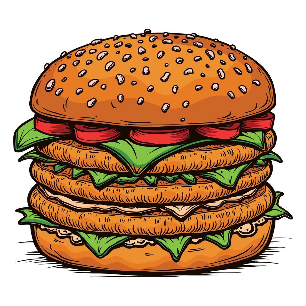Flat Cartoon Style delicious burger illustration with cheese tomato lettuce sausage onion Isolated white background, Fresh burger illustration design vector