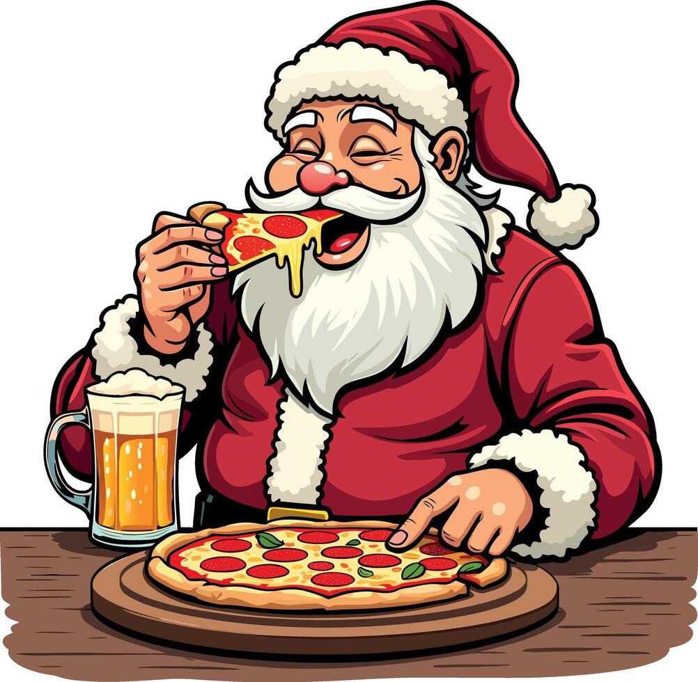 funny Santa-eating pizza with a beer mug on the table vect illustration on a white background vector