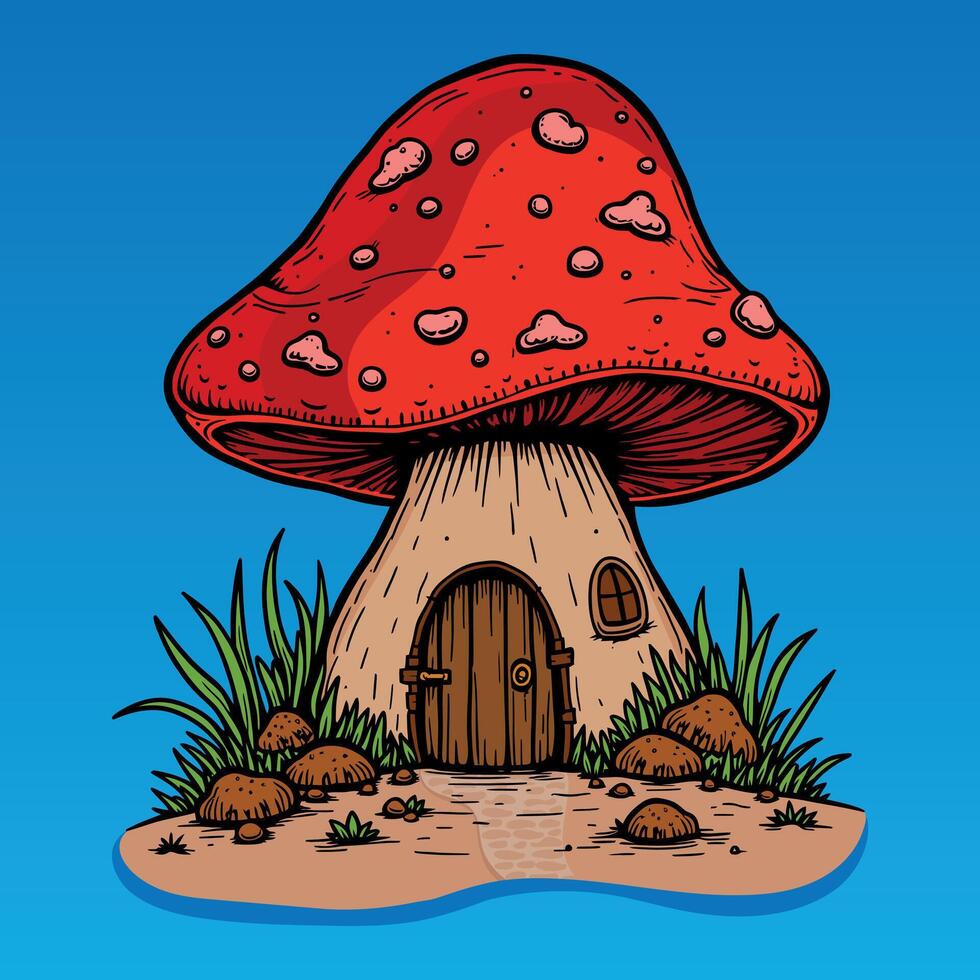 Cute red and gray color fantasy mushroom house green grass and decorative small stone hand drawn style illustration artwork isolated on blue background vector