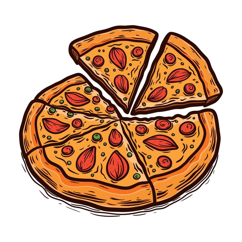 delicious Fresh pizza illustration design illustration of a pizza with cheese tomato sausage onion Isolated white background vector