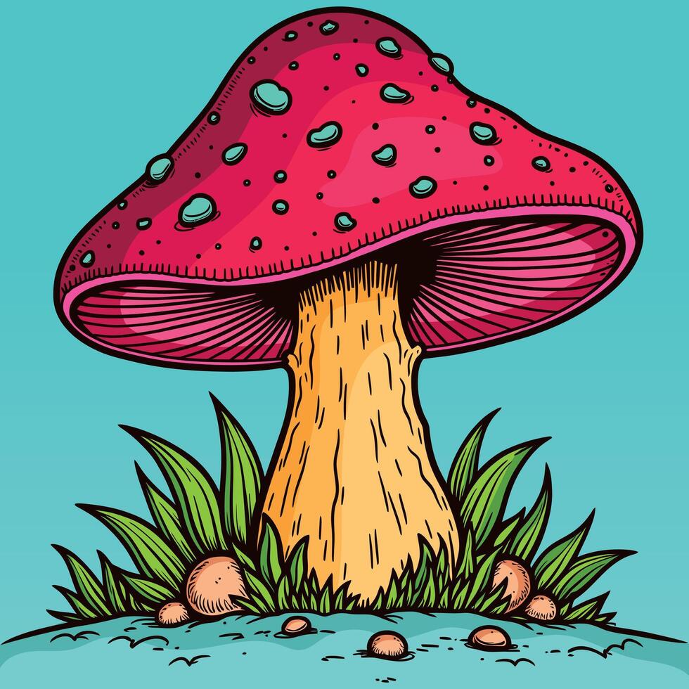 Cute pink color fantasy mushroom with green grass and small stone decorative coloring illustration artwork isolated on blue background vector
