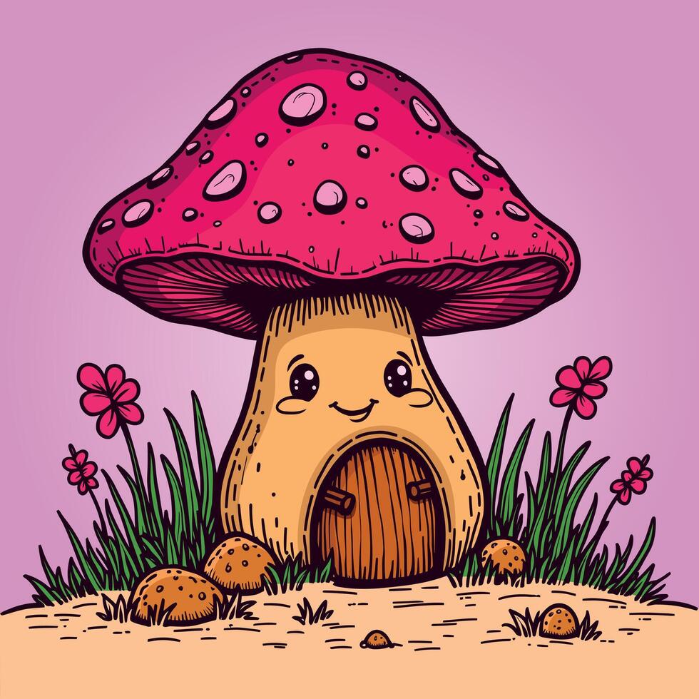 Cute pink and yellow color fantasy mushroom house and green grass and pink flower with small stone decorative coloring illustration artwork isolated vector