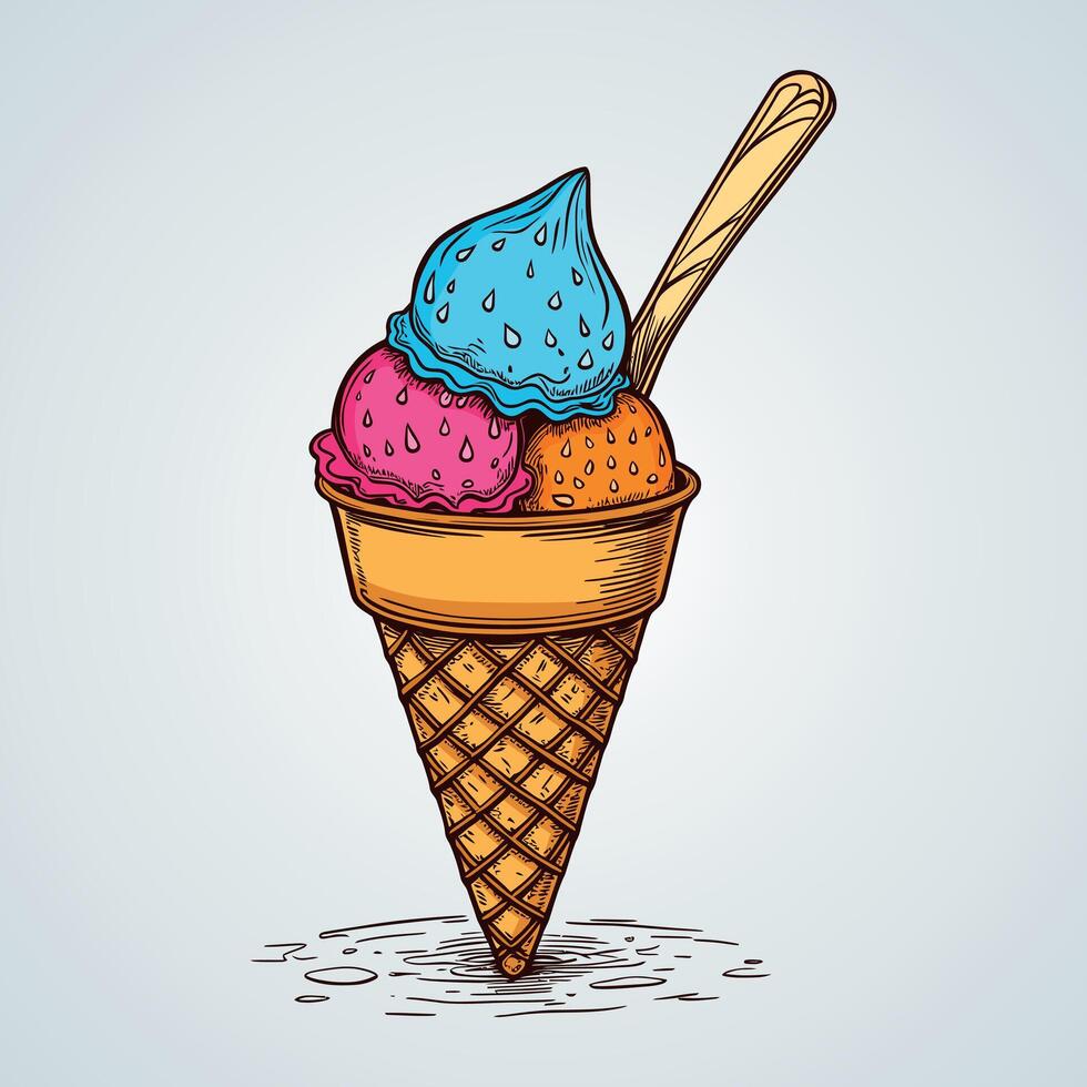 Sweet Cone Ice Cream illustration artwork with wafer cup Icon in pink blue and yellow colors with gold color spoon isolated on white background vector