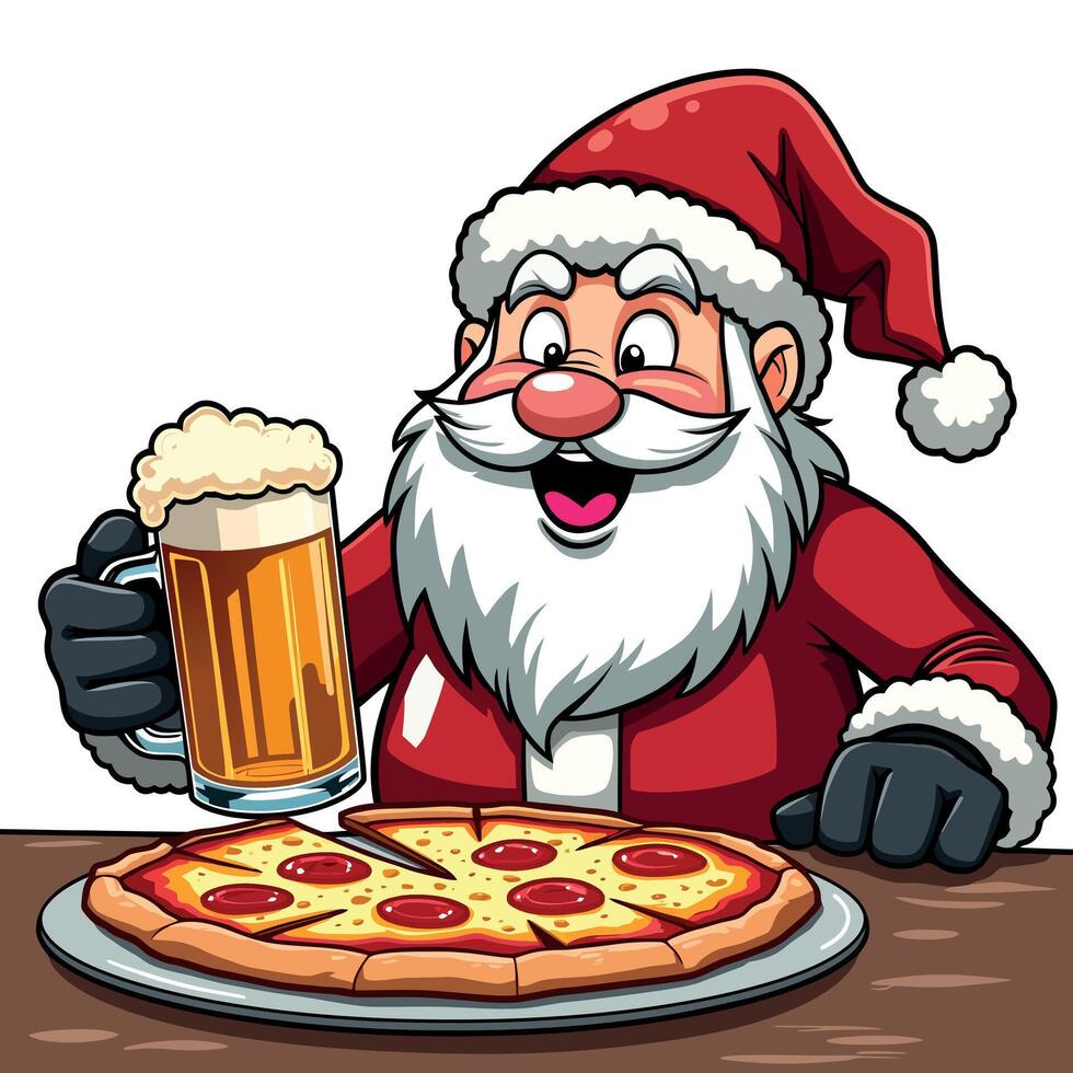funny Santa sitting and a beer mug on hand and a pizza on the table illustration on a white background vector