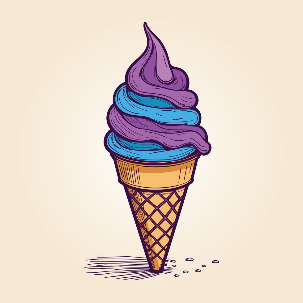 Sweet Cone Ice Cream illustration artwork with wafer cup Icon in purple and blue yellow colors isolated on white background vector