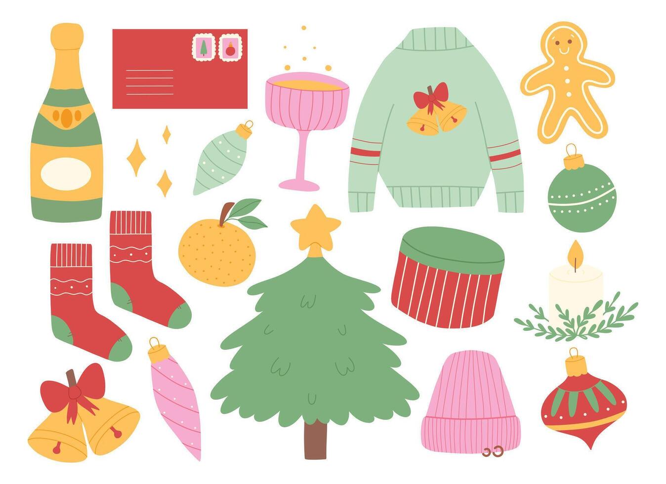 Set of Christmas elements isolated on white background. illustration. Collection of Christmas decorations. vector