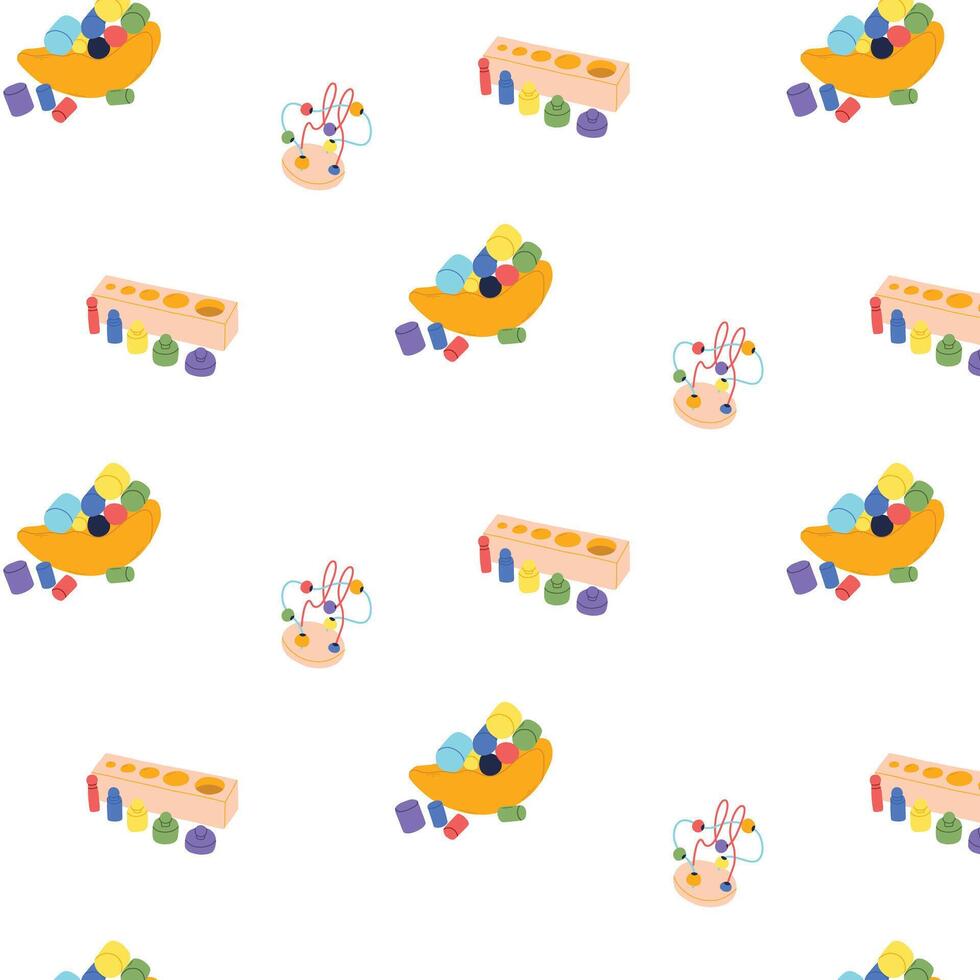 Seamless pattern with Montessori children toys. Print with educational eco toys. illustration. vector