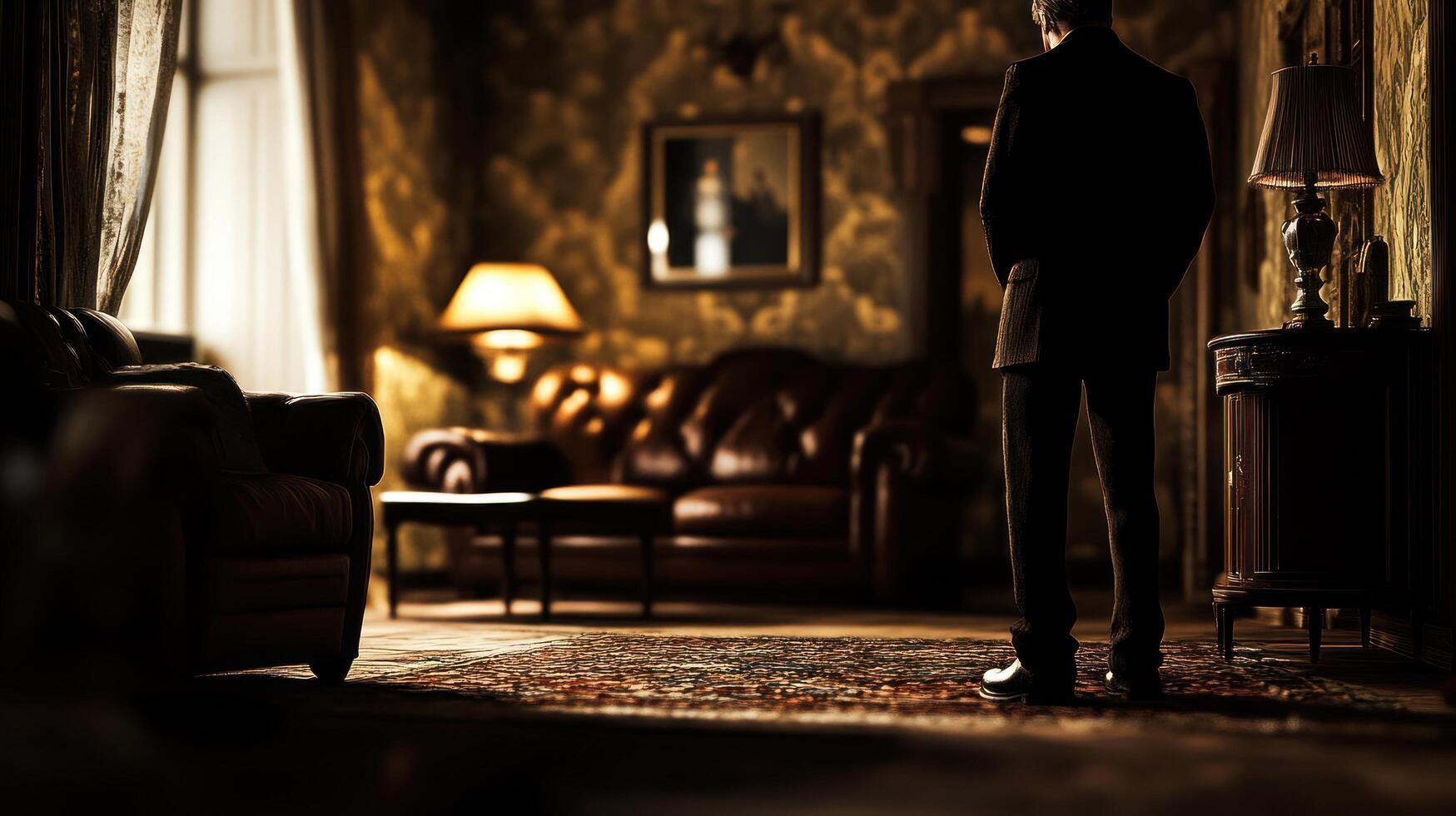 A man in a suit stands in a room photo