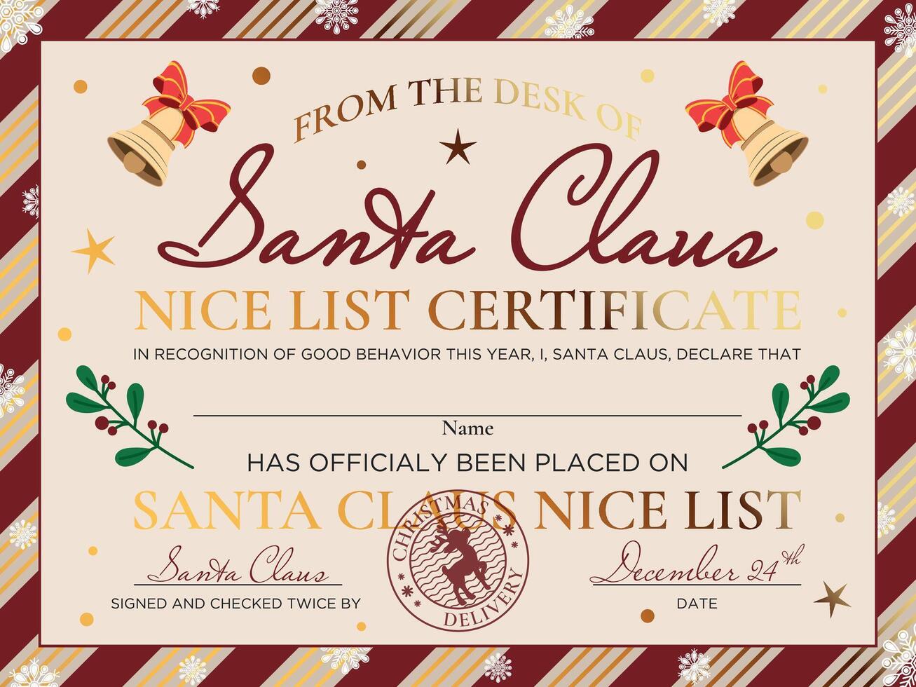 New Year Official Nice List Certificate, Letter From The Desk Of Santa, North Pole Mail With Golden Elements vector