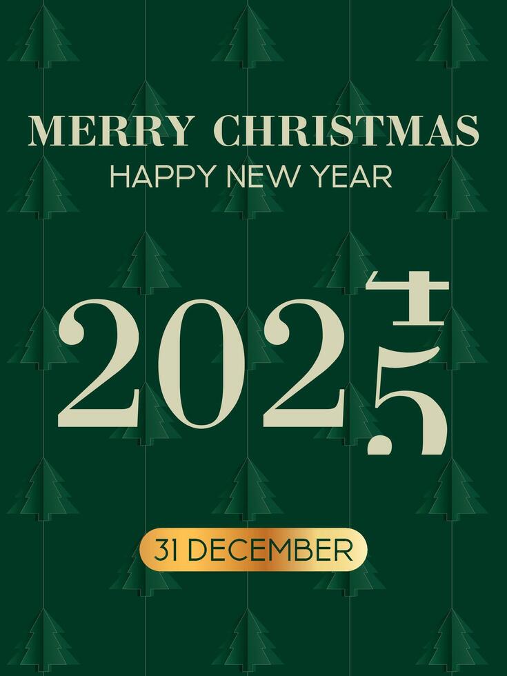 Merry Christmas And Happy New Year Poster 2025, Paper Christmas Tree, Golden Element vector