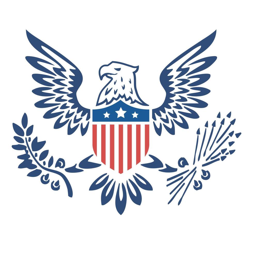 USA coat of arms with eagle and olive branch. The symbol of America with an eagle and a shield in the colors of the national flag vector