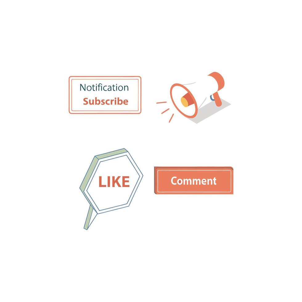 A bunch of icons that say notification, subscribe, like and comment vector