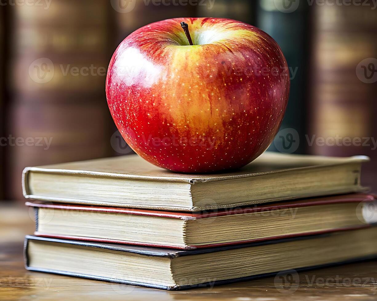 Technology-based learning. Fresh red apple on stacked books, symbolizing knowledge and learning. vibrant color of apple contrasts beautifully with vintage books, creating warm and inviting atmosphere photo