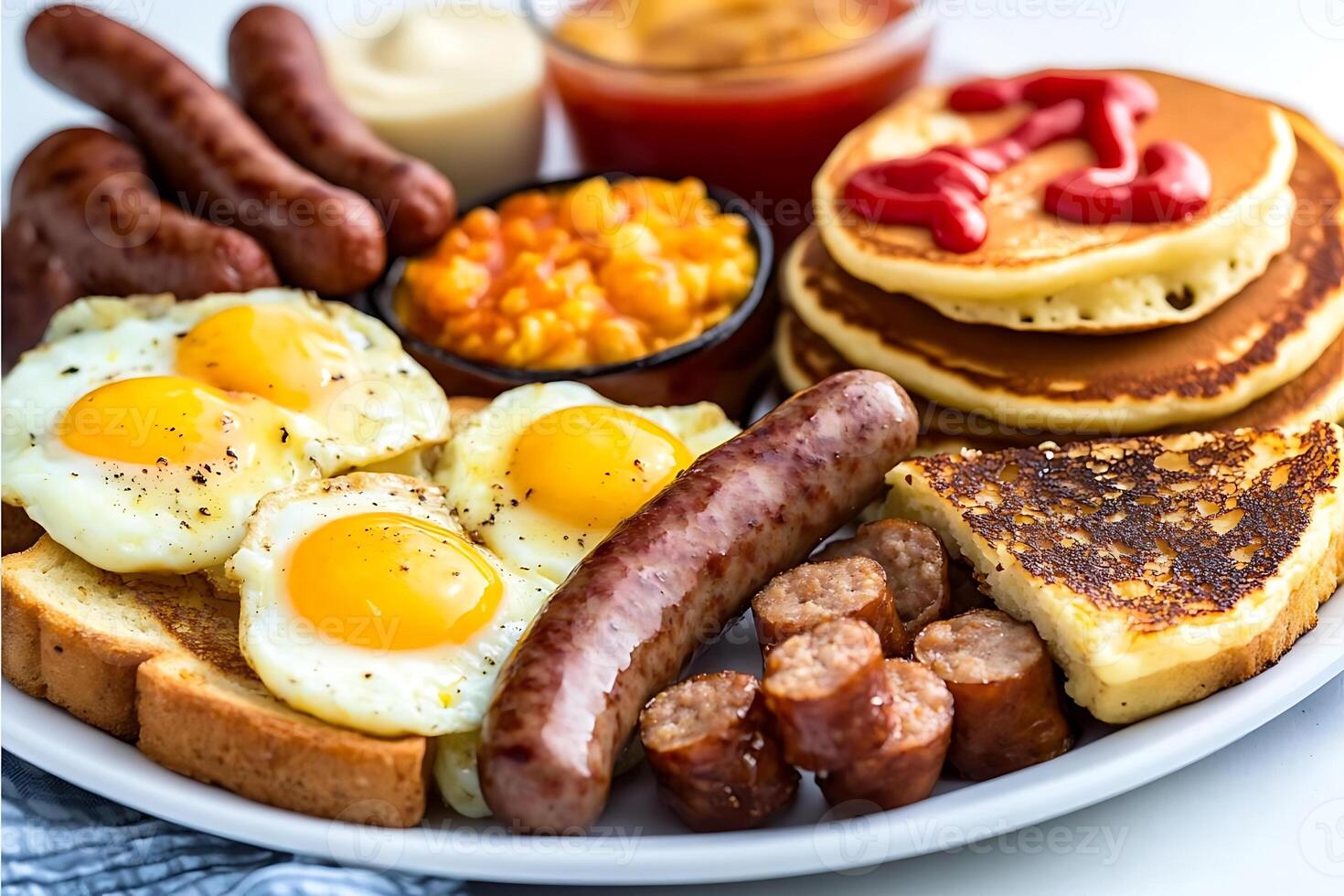 Delicious breakfast platter with eggs, sausages, pancakes, and sides photo