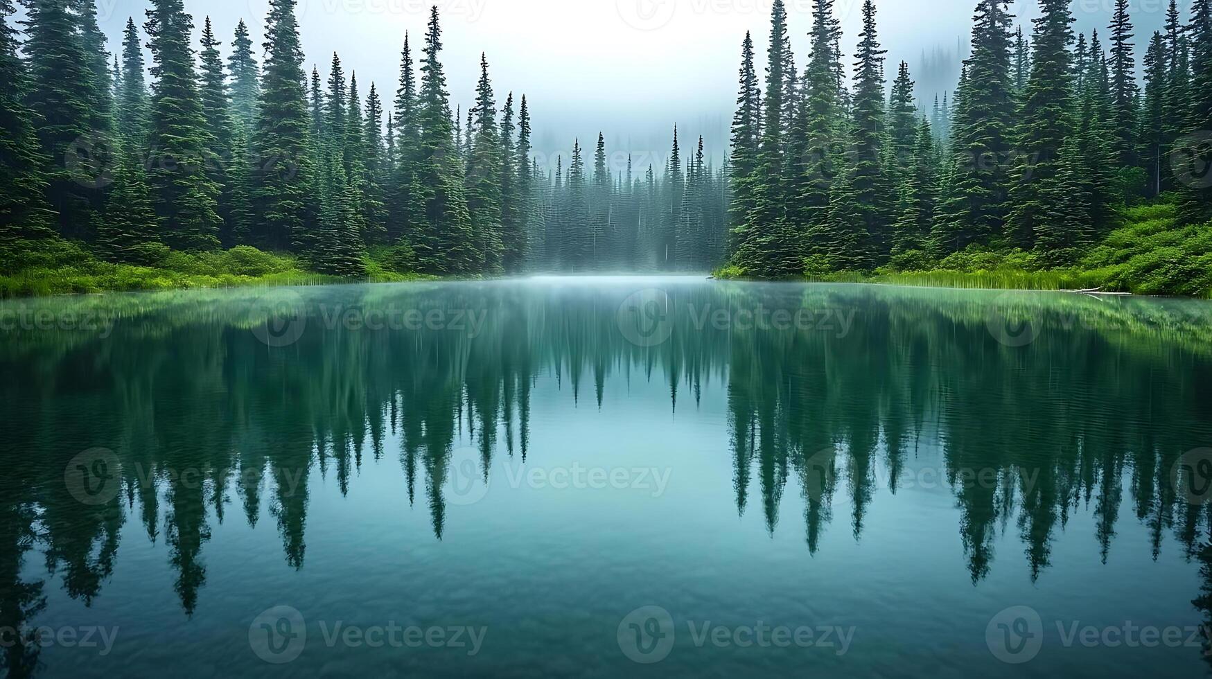 serene lake surrounded by tall cedar trees reflects misty forest. tranquil water creates peaceful atmosphere, perfect for nature lovers and photographers photo