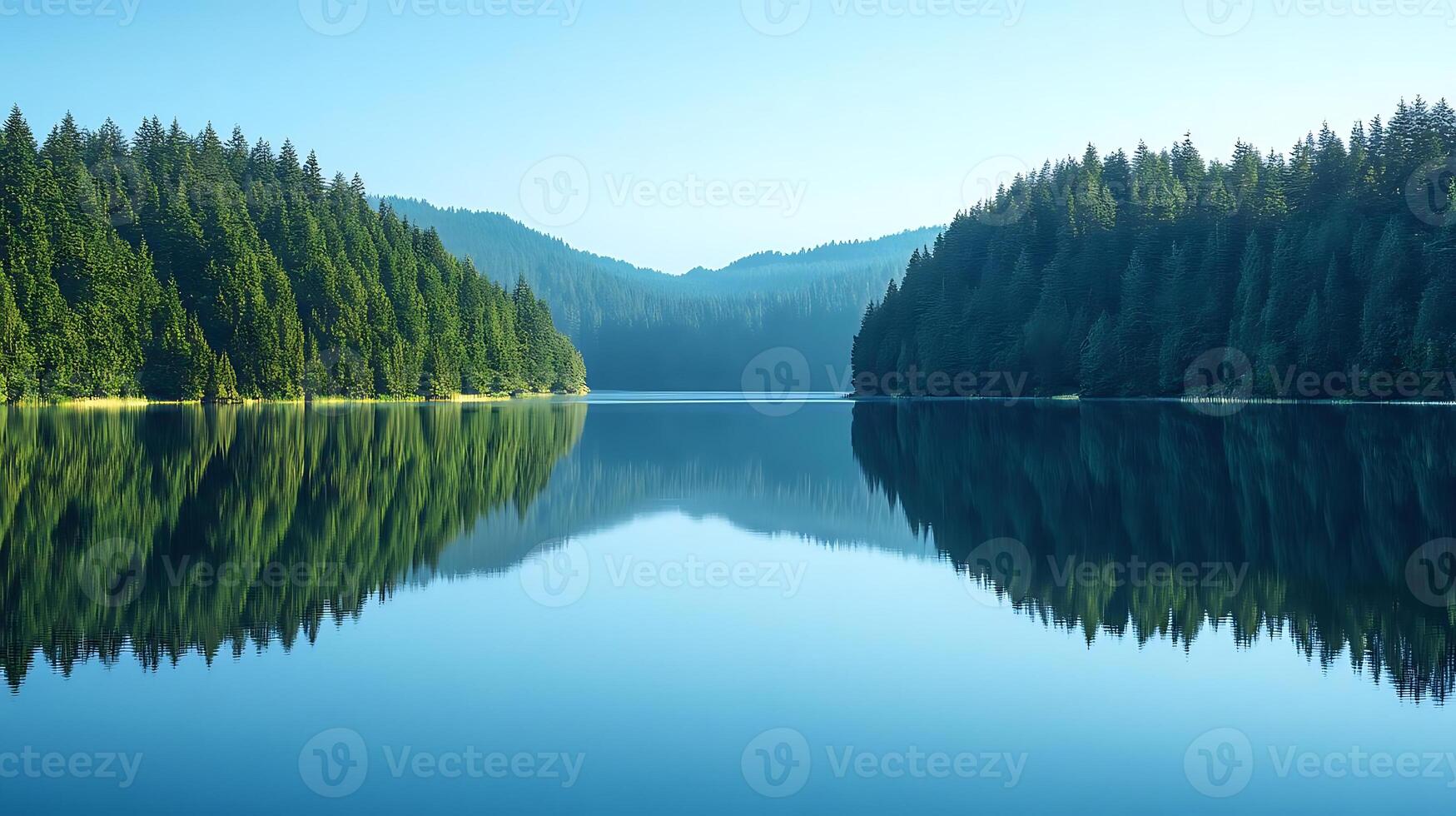 calm lake surrounded by lush cedar forest, reflecting serene landscape. tranquil waters and vibrant greenery create peaceful atmosphere photo