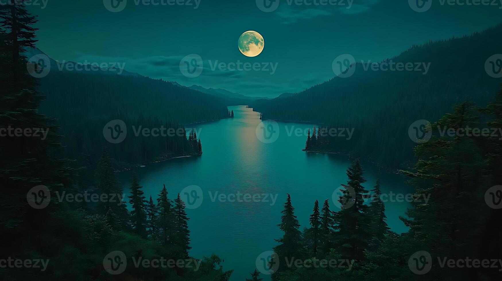 serene lake surrounded by dense cedar forest under full moon, reflecting tranquil night sky. scene evokes sense of peace and natural beauty photo