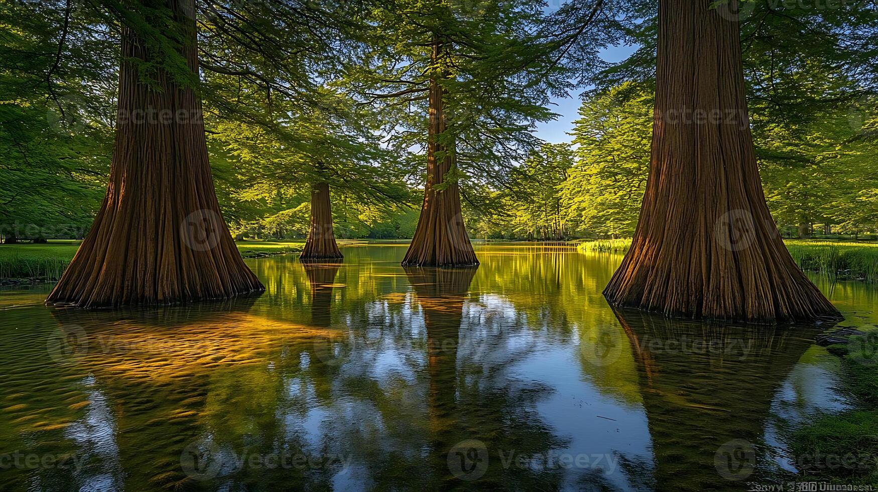 Majestic lake surrounded by towering cedar trees, reflecting in calm waters. serene landscape evokes tranquility and natural beauty, perfect for nature lovers photo
