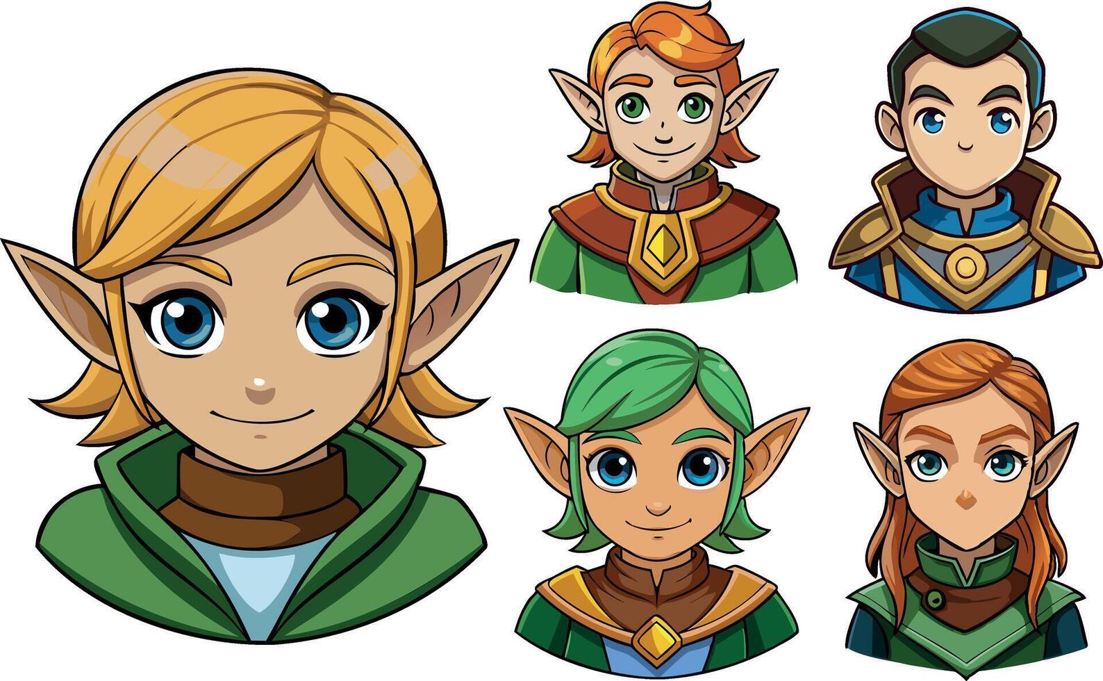 Elf character. Set of Cute fairy tale avatar. Collection of Magic fairytale fantasy face. Medieval warrior knight vector