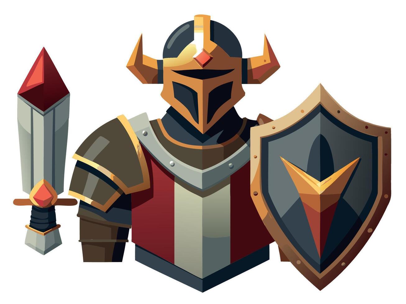Medieval knight character. Cartoon warrior in helmet and ancient armor. Historical soldier vector