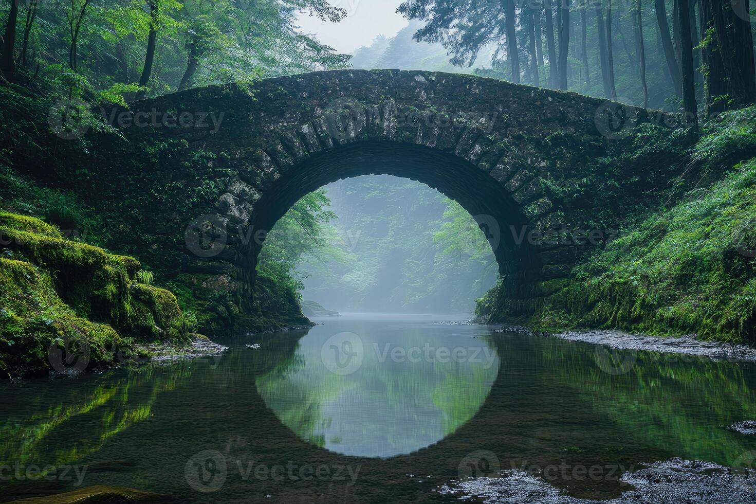 Old stone bridge reflecting in the calm river in a misty forest photo