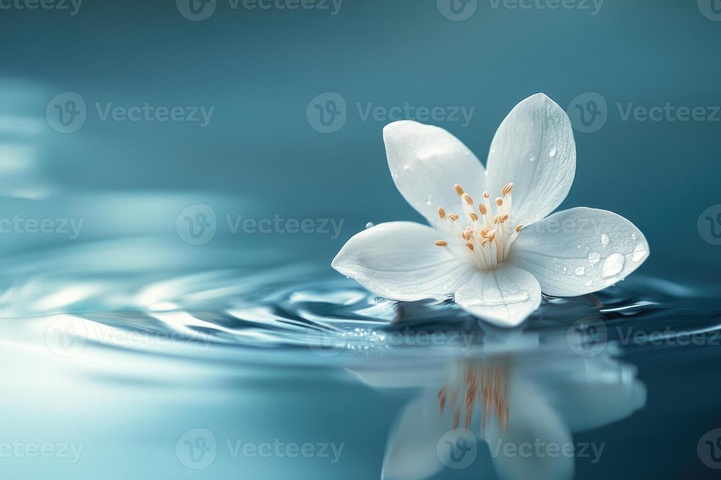White flower floating on water with reflection and ripples creating a serene atmosphere photo