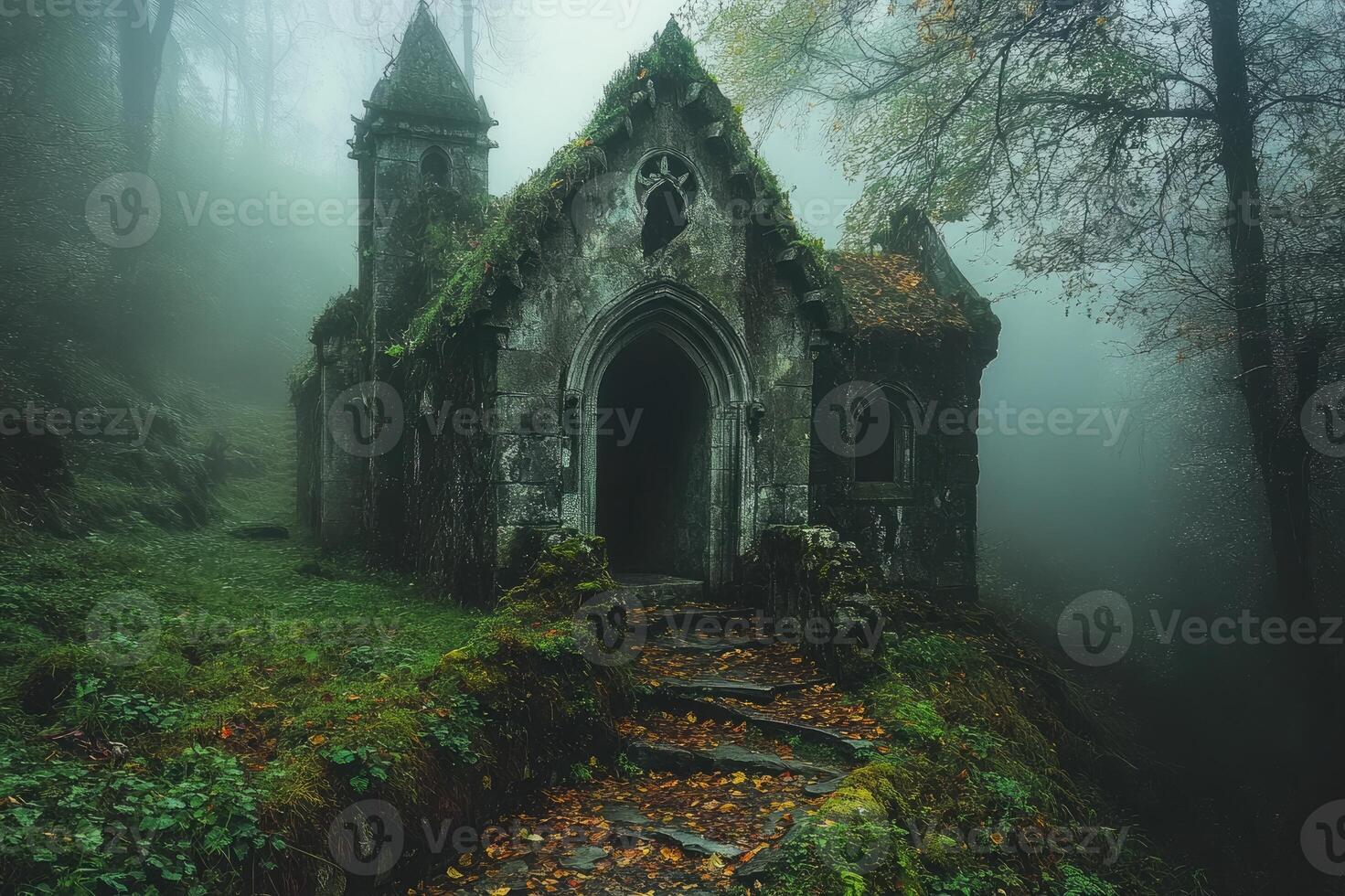 Mossy chapel emerging from fog in mystical forest photo