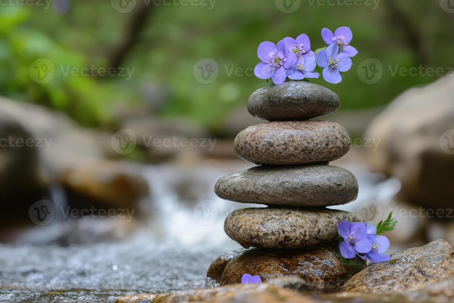 Balancing stones and purple flowers creating harmony near a flowing stream photo